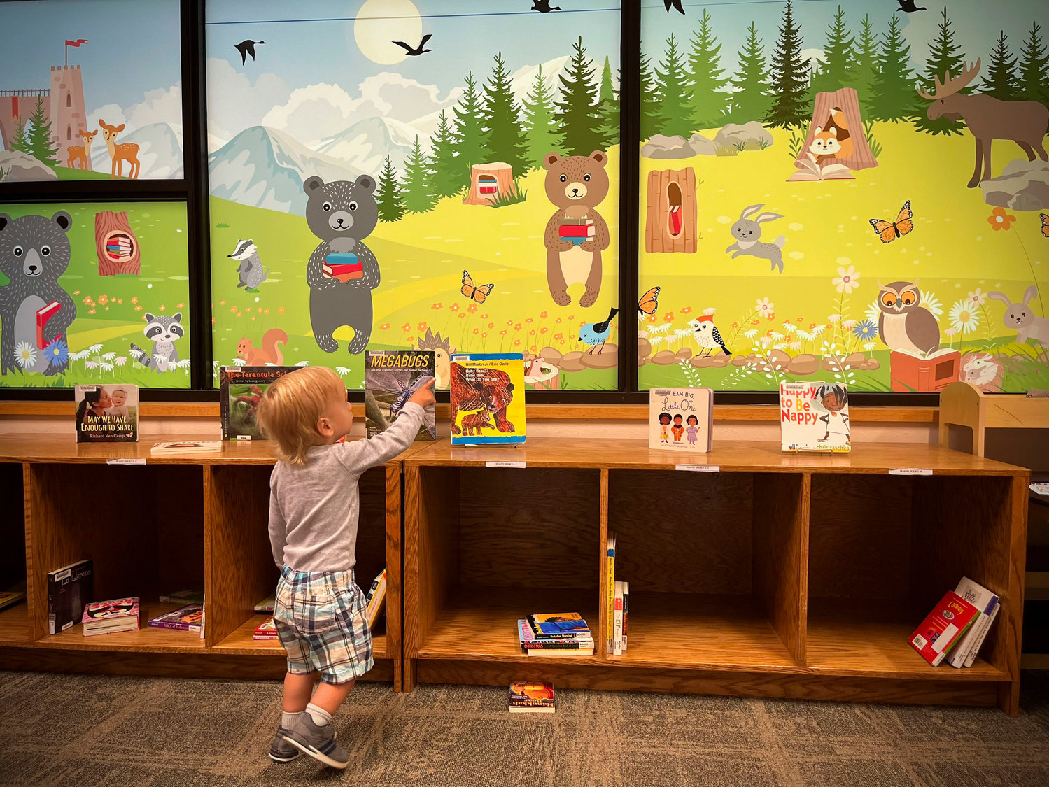 Logan Whorley, age 1, engages with the book display in front of the newly painted "window" mural at the Lacey Timberland Library.